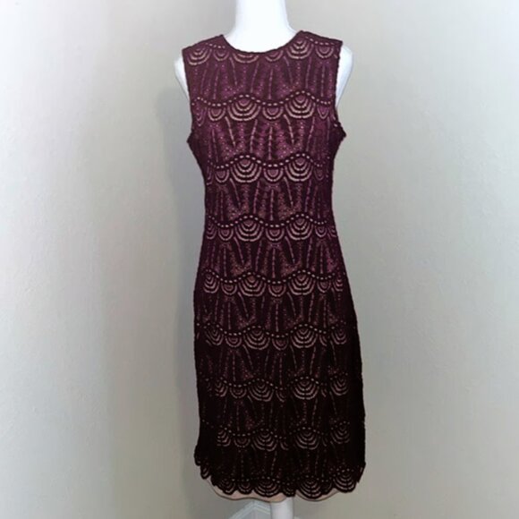 Sharango NWT Bordeaux/Blush Lace Overlay Day Wear/Cocktail Sheath Dress, Size 16 - Picture 2 of 10